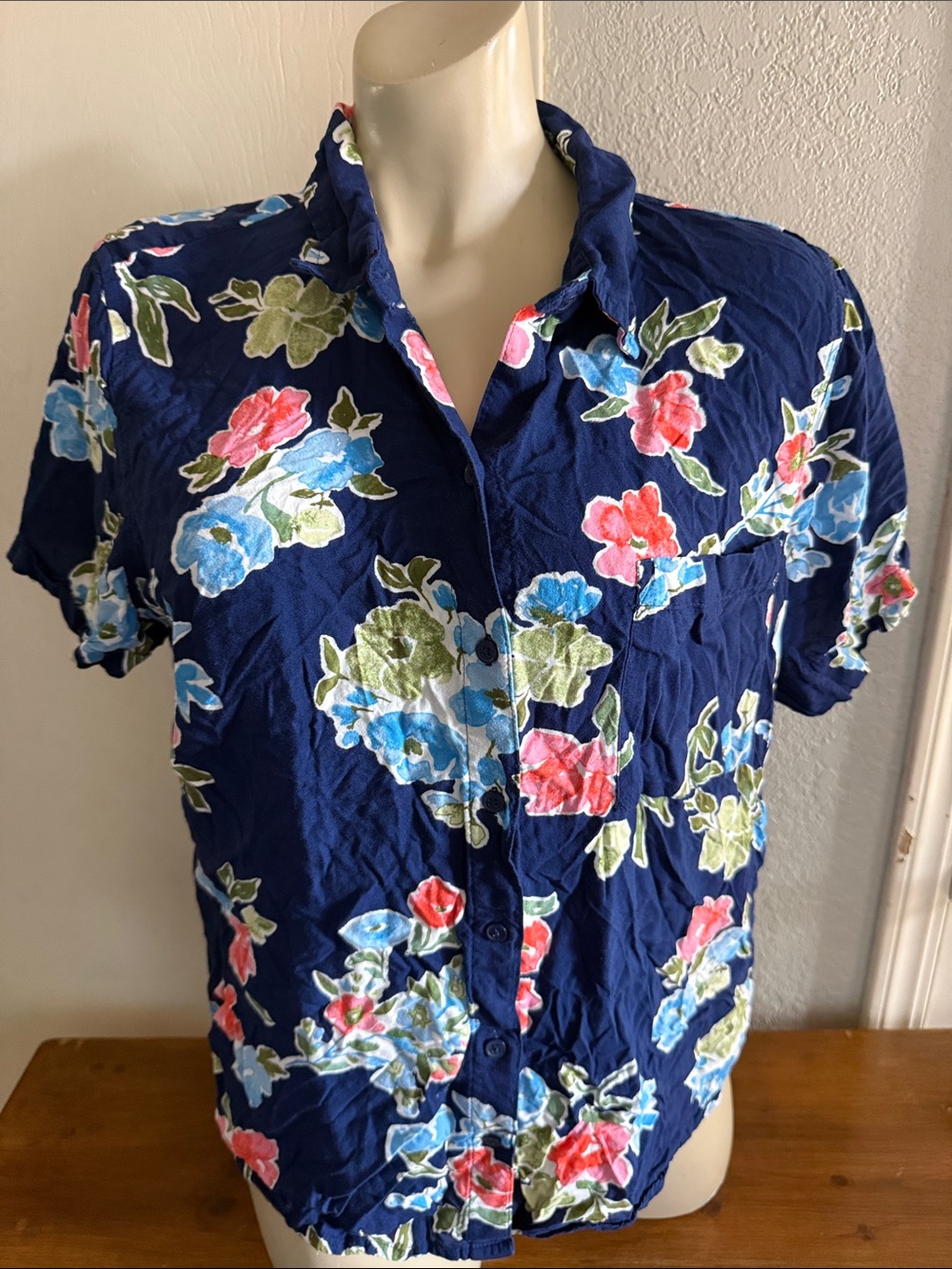Sonoma Navy Floral Button-Front Short Sleeve Shirt